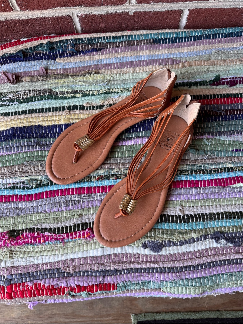 Lucky Brand Tan Multi-Strap Thong Sandals with Gold Accent